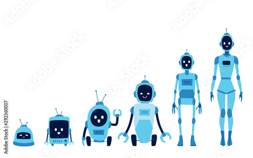 Robot growth evolution set - steps of technology development from small electronic device to humanoid female cyborg
