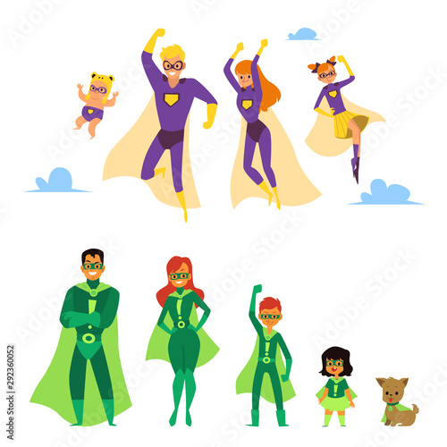 Set of Caucasian and asian or latino superhero families.