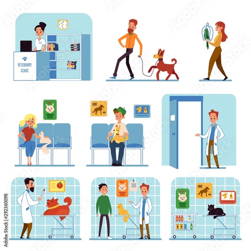 Set of interiors and situations in the veterinary clinic for animals.