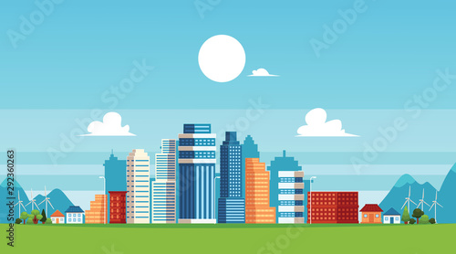 Urban landscape with skyscrapers and suburb buildings flat vector illustration.