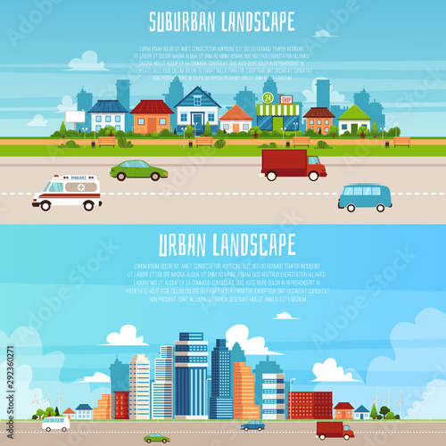 Urban and suburban landscape banner set - modern flat cartoon cityscape