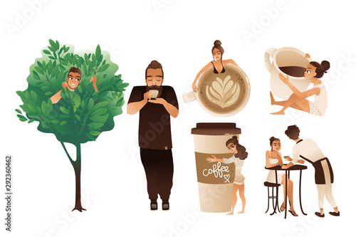 Coffee set of people coffee lovers flat cartoon vector illustrations isolated.