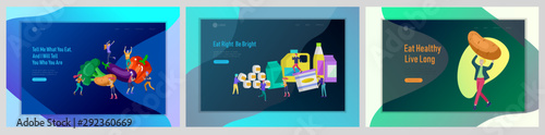 Landing page template with Happy People with vegetable and healthy food, jumping and dansing. Veggie recipe, vegetarian diet and detox concept, eco friendly lifestyle. Colorful