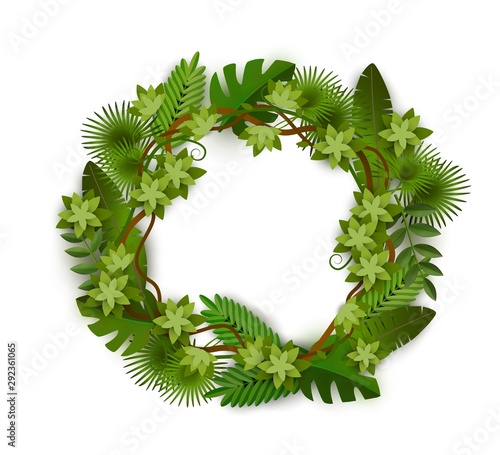 Exotic tropical and jungle plants foliage wreath vector illustration isolated.