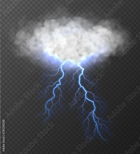 Realistic cloud with thunderbolt isolated on transparent background. Realistic thunderstorm with blue lightning. Weather vector illustration.