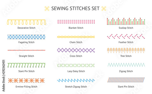 Sewing stitch line set - colorful embroidery needlework types with names