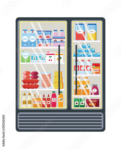 Glass grocery shelf with various products in the store or supermarket.