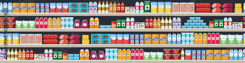Grocery items on the store shelves vector flat seamless background illustration.