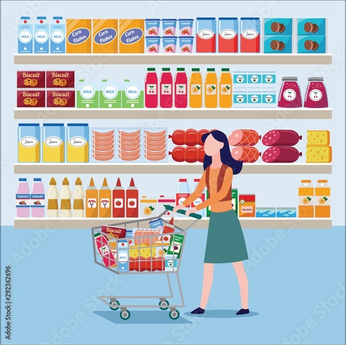 Woman buying products on grocery store background. Flat vector illustration.