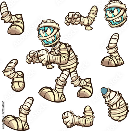 Walking angry cartoon mummy with different leg positions clip art. Vector illustration with simple gradients. Some elements on separate layers. 