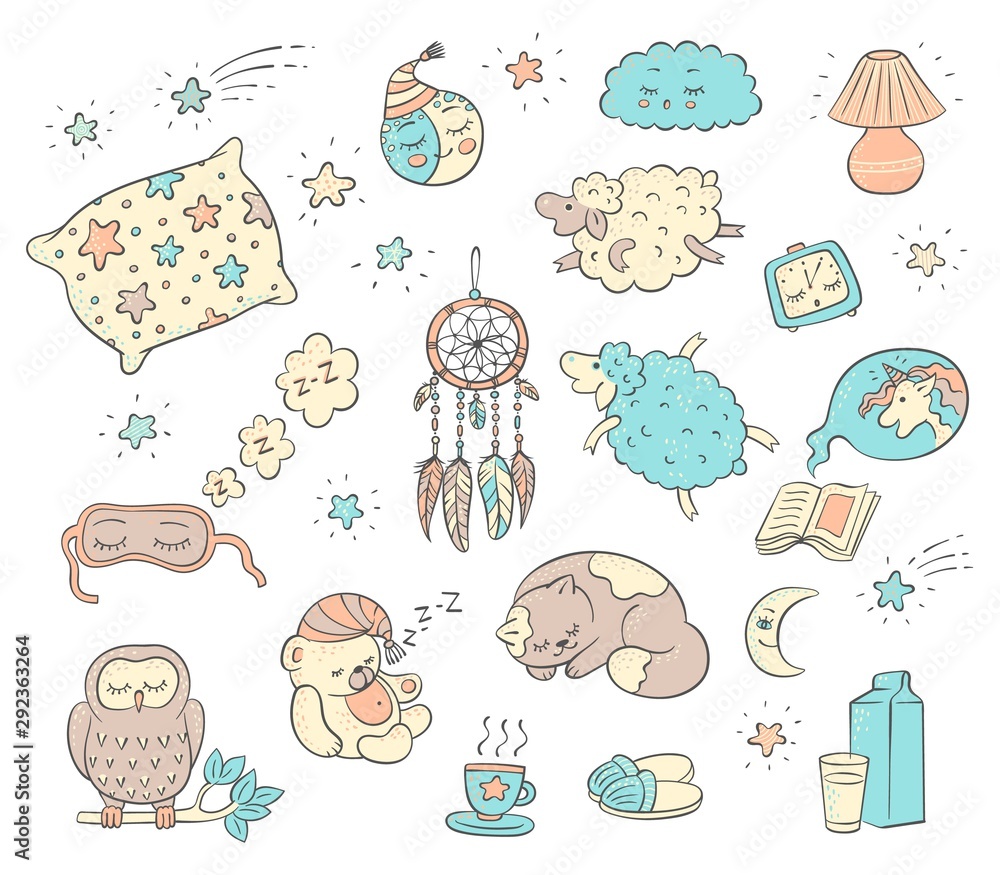 Sleep and dream doodle set - cute cartoon animals and objects hand drawn in  sketch style Stock Vector | Adobe Stock