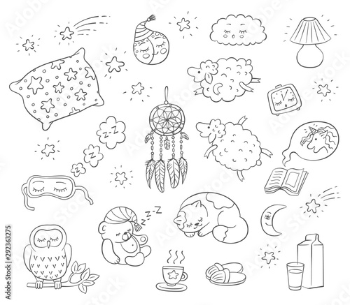 Go to bed sleep set of sketch black line doodle icons vector illustration isolated.