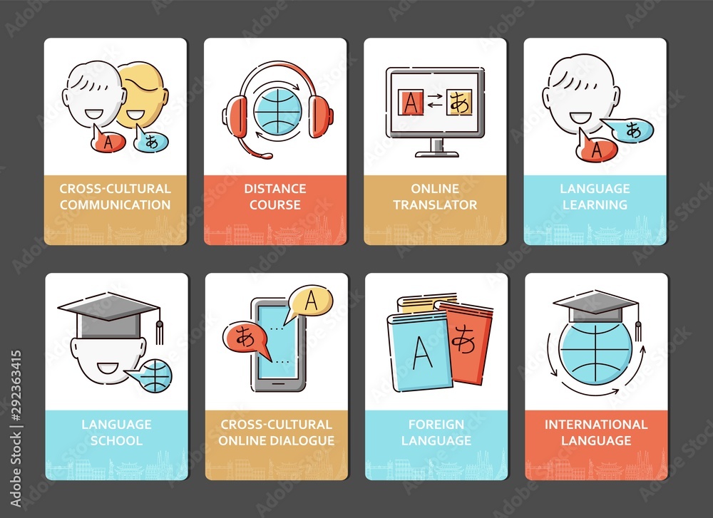 Language school icon card set - global web education and online learning service ad elements Language school icon card set - global web education and online learning service ad elements