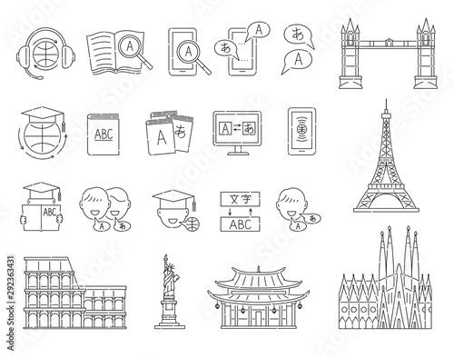 Language learning and online education icon set