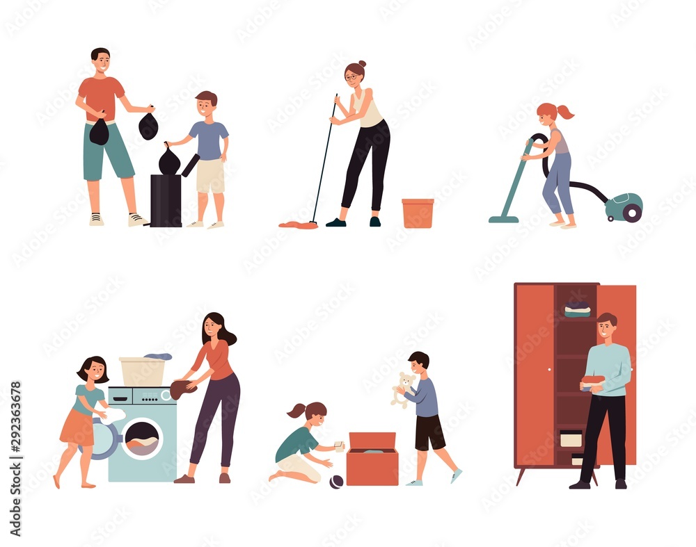 Cartoon family cleaning the house - isolated flat drawing set.