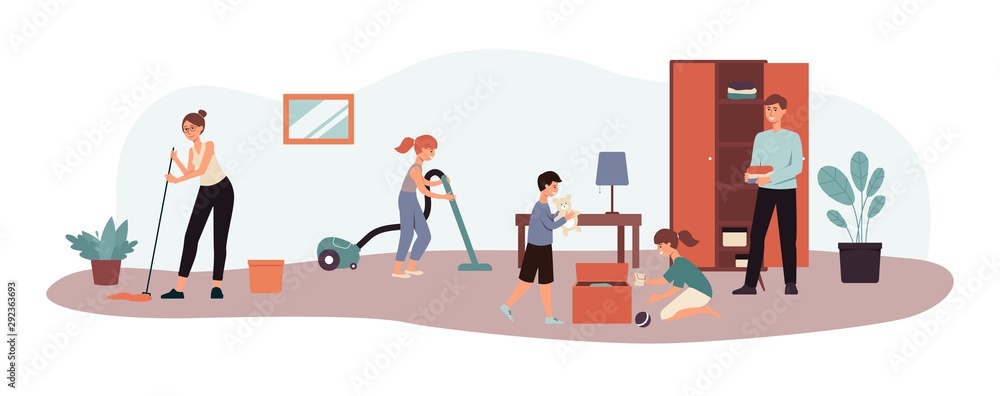 Happy family cleaning house together flat vector illustration banner isolated.