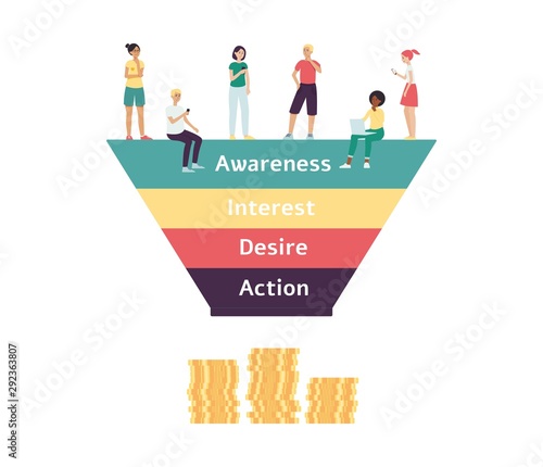 Marketing funnel with buyers or clients flat vector illustration isolated.