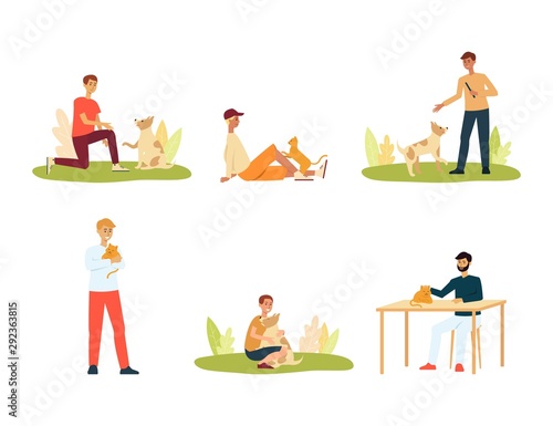 Cartoon set of people playing with their pets