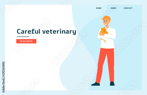 Doctor with a cat in a landing page for a vet clinic flat vector illustration.