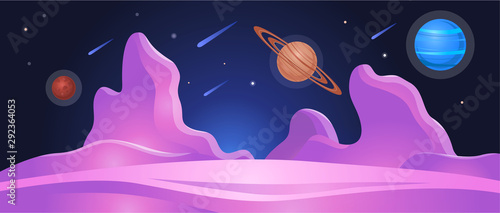 Cosmic planet landscape or surface background flat vector illustration.
