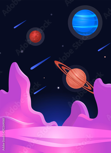 Vertical cosmic planet landscape or surface background flat vector illustration.
