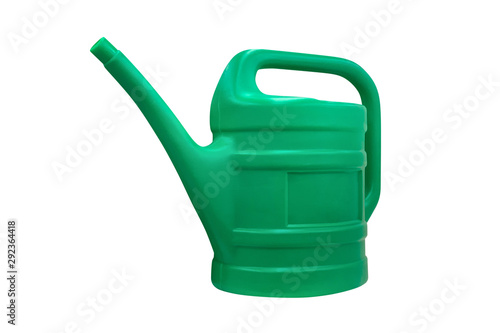 green plastic garden watering can isolated on white background