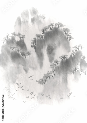 Wallpaper Mural Background with mountains. Ink mountain landscape. Mountains in the fog. Trees on the mountain. Ink image. Pine trees Torontodigital.ca