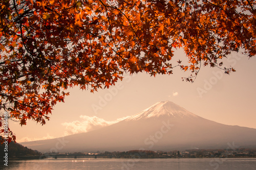 Sunset at Mountain Fuji with people in japan autumn season