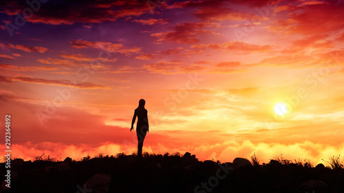 surreal fantasy woman figure standing on top of a hill watching majestic sunset