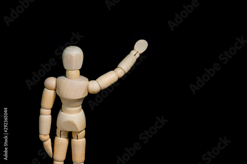 wooden mannequin with hand on head isolated on white