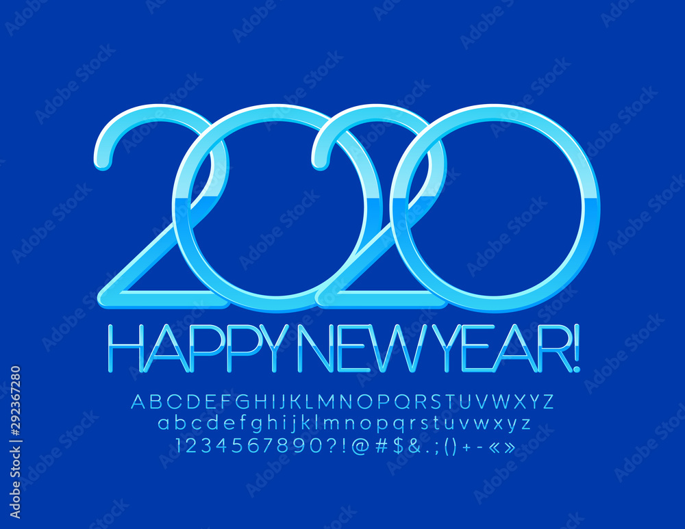 Vector bright Greeting Card Happy New Year 2020. Glossy set of Alphabet Letters, Numbers and Symbols. Elegant slim Font. Vector bright Greeting Card Happy New Year 2020. Glossy set of Alphabet Letters, Numbers and Symbols. Elegant slim Font.