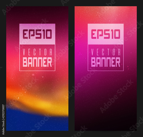 Vector set of vertical banners with beautiful starry sky and Northern lights. Illustration with aurora borealis in trendy neon colors. Abstract colorful cards for design