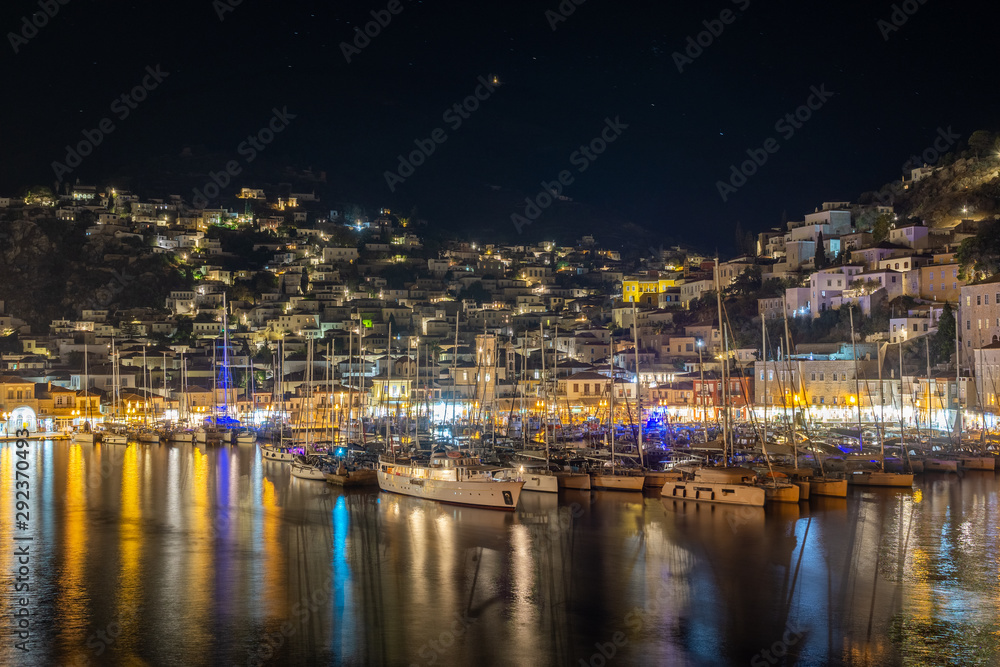 Hydra Island port view in Greece - night view