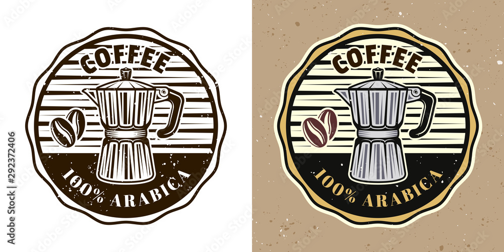 Coffee shop vector round emblem with moka pot Coffee shop vector round emblem with moka pot
