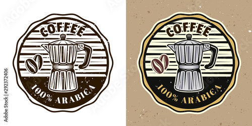 Coffee shop vector round emblem with moka pot