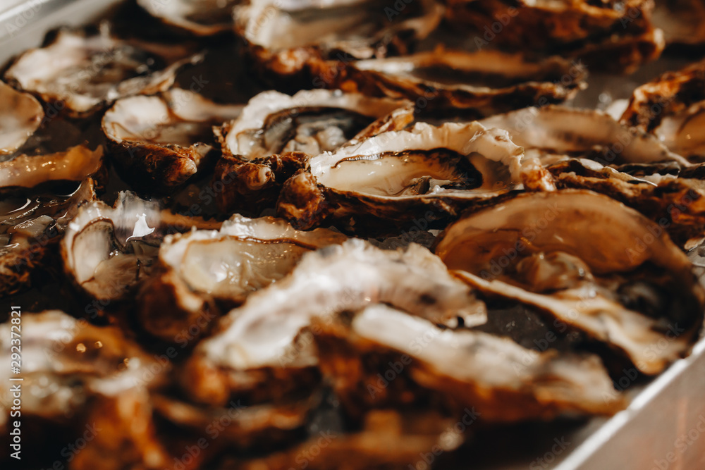 delicious mouth-watering open oysters close-up in a luxurious restaurant for dinner