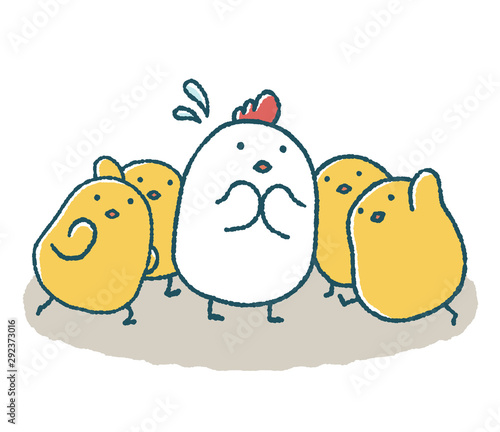 ゆるいにわとりはひよこが集まってきて困惑する Stock イラスト Adobe Stock