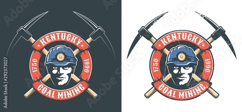 Miner's logo with miner head in hardhat with lantern and crossed picks. Vector retro illustration. Grunge worn texture on separate layer.