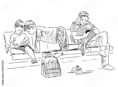 Sketch of  mother with her children waiting for flight at airport