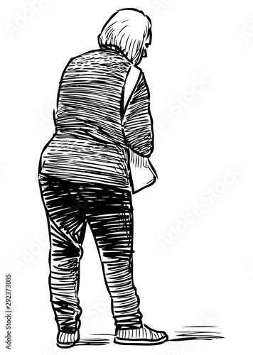 Sketch of a standing l tired old woman