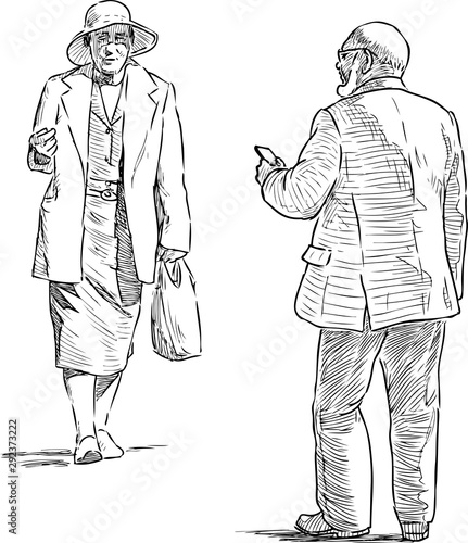 Sketch of couple of elderly citizens meeting on the street
