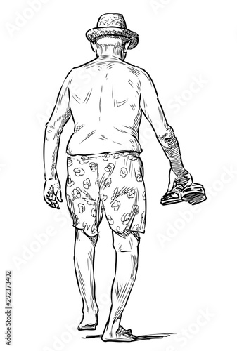 Sketch of old man in hat sunbathing and walking barefoot on beach