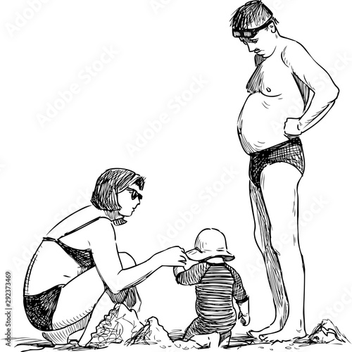 Sketch of parents with their baby sunbathing on beach