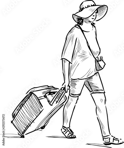 Sketch of woman vacationer in  hat walking with her suitcase