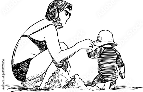 Sketch of young woman with her baby sunbathing on beach