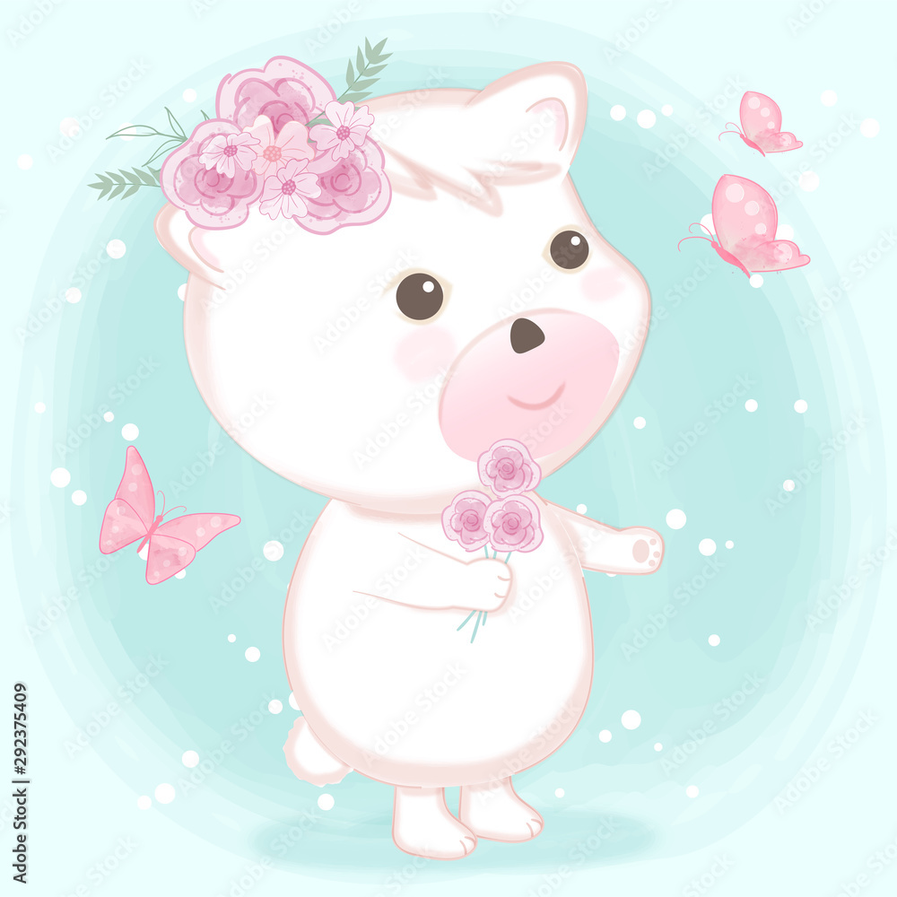 Cute baby bear and butterflies hand drawn animal cartoon illustration Cute baby bear and butterflies hand drawn animal cartoon illustration