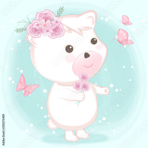 Cute baby bear and butterflies hand drawn animal cartoon illustration