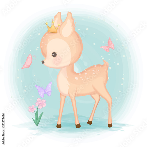 Cute baby deer with butterflies hand drawn animal illustration