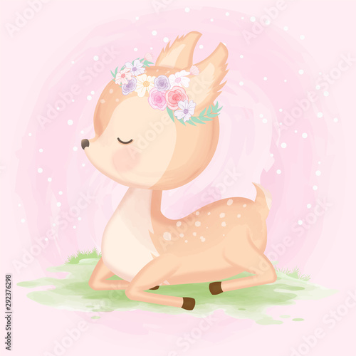 Cute baby deer hand drawn animal illustration watercolor on pink