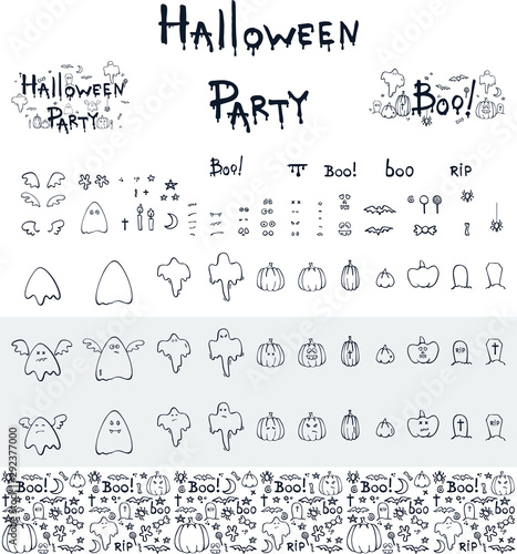 Halloween party, hand drawn cartoon seamless backgrounds sets, vector illustration 